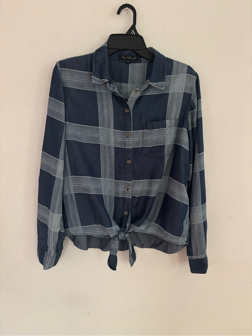 Velvet Heart Blue Plaid Tie Front Button Down Top L  100% TENCEL